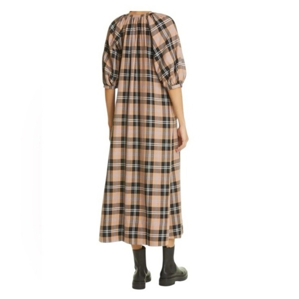 STAUD Plaid Cotton Midi Dress Button Front Puff Sleeve Women's Size Medium Tan - Picture 2 of 11